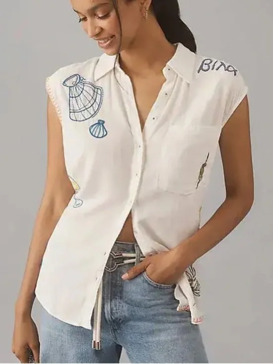 Anthropologie White Embroidered Sleeveless Button-Up Top 38258 - Picture 2 of 15